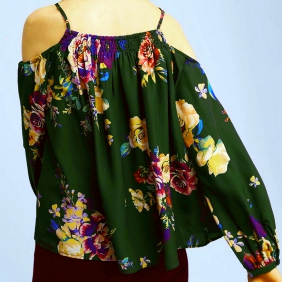 Anthropologie Maeve Floral Tallie Cold Shoulder Silk Blouse Womens XS Green 90s - Picture 6 of 12